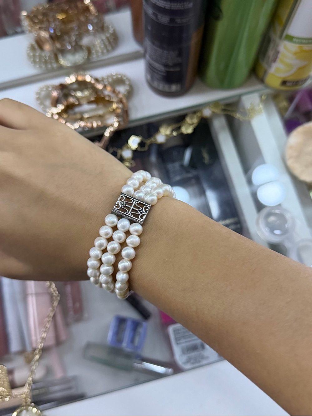 Classic White Pearl Multi-Strand Bracelet with Silver Accent